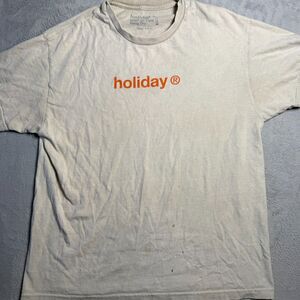 Vintage grunge Holiday Brand T Shirt Orange Text Short Sleeve Size Large
